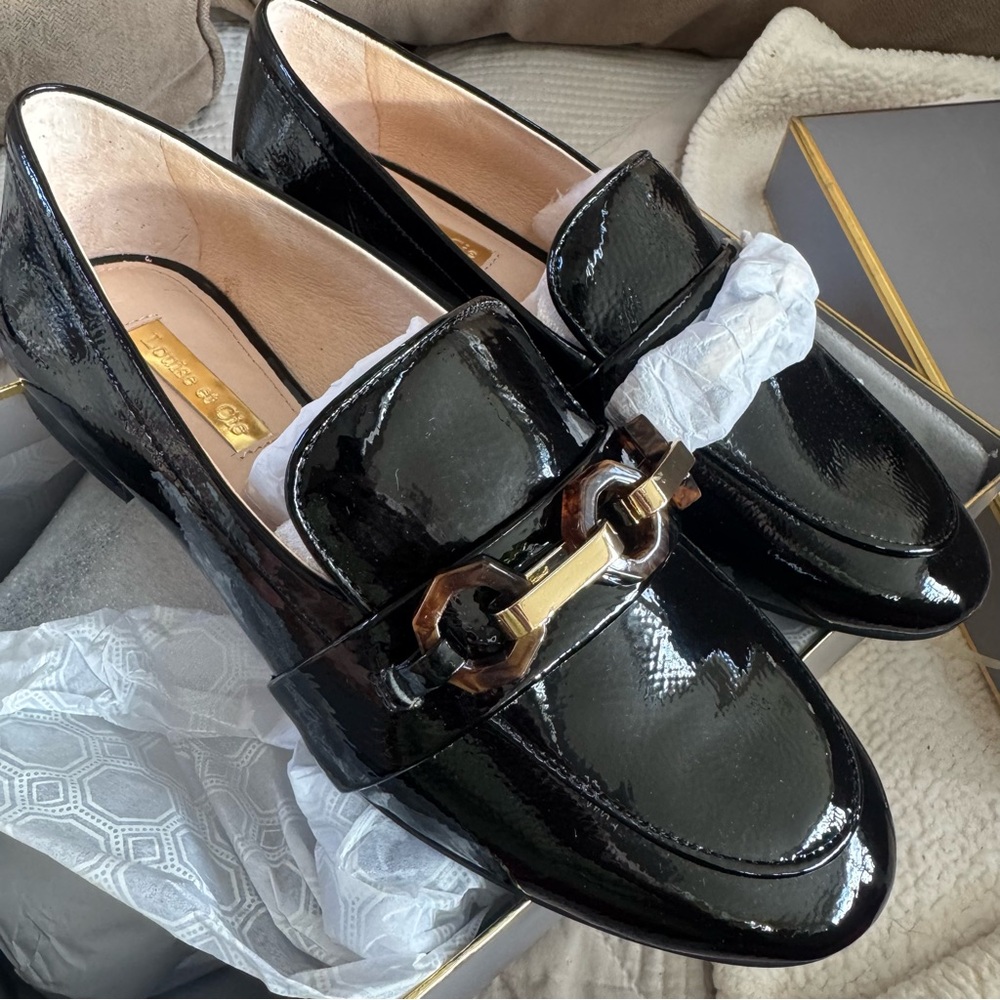 Louise et Cie Glossy Black Loafers with Gold Accent Lo-Brone - Picture 3 of 5